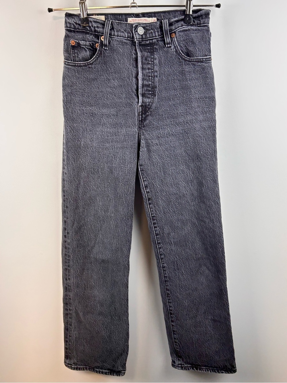 Levi’s Ribcage Straight Ankle Jeans Size 26 Black Wash High Rise Button Fly